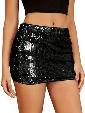 Black Sequin Mini Skirt Sparkly Party Festival Lined M L